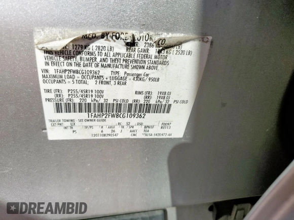 2012 Ford Taurus Limited with VIN 1FAHP2FW8CG109362, listed as a Copart auction lot 58862225 with 197,539 mi miles and Salvage title. Bid and sale history available at DreamBid. Image 12.