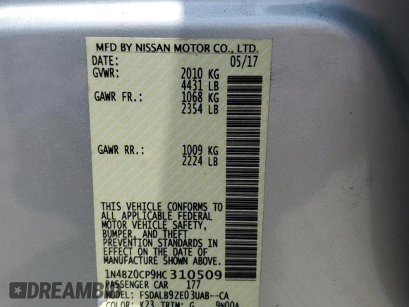 2017 Nissan LEAF SL with VIN 1N4BZ0CP9HC310509, listed as a Copart auction lot 61179593 with 50,219 mi miles. Bid and sale history available at carsss.com. Image 13.