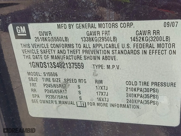 2008 Chevrolet TrailBlazer LT w/1LT with VIN 1GNDS13S482137559, listed as a IAAI auction lot 41756243 with 1 mi miles. Bid and sale history available at carsss.com. Image 9.