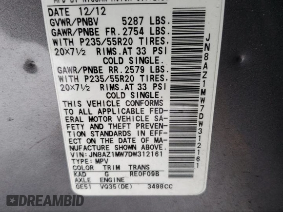 2013 Nissan Murano SV with VIN JN8AZ1MW7DW312161, listed as a Copart auction lot 43548415 with 89,304 mi miles and Salvage Title. Bid and sale history available at carsss.com. Image 13.