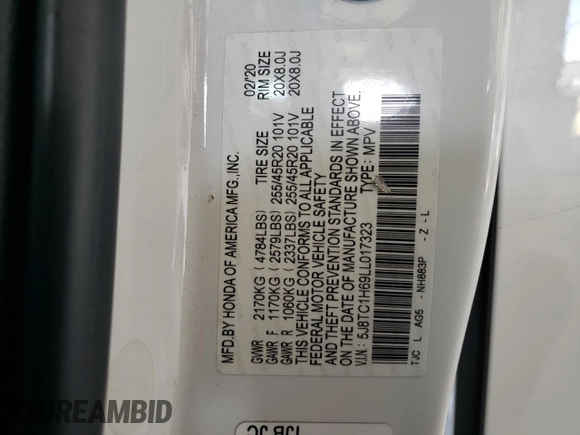 2020 Acura RDX w/A-Spec Pkg with VIN 5J8TC1H69LL017323, listed as a Copart auction lot 62030955 with 67,768 mi miles and Salvage title. Bid and sale history available at DreamBid. Image 12.