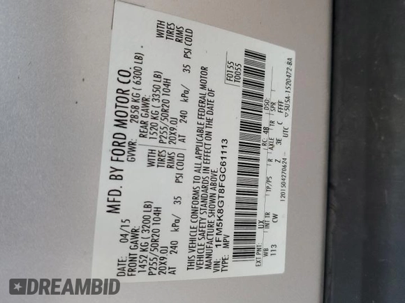 2015 Ford Explorer Sport with VIN 1FM5K8GT8FGC61113, listed as a Copart auction lot 63442475 with 183,396 mi miles and Salvage title. Bid and sale history available at DreamBid. Image 12.