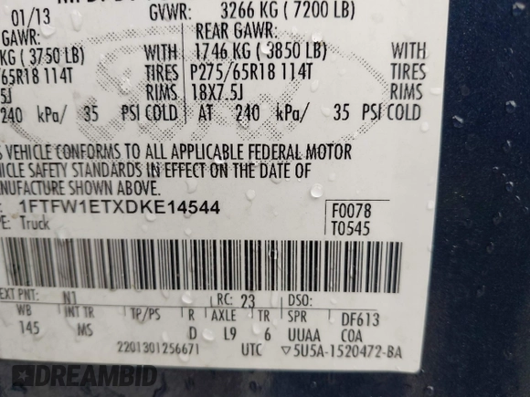 2013 Ford F-150 XL with VIN 1FTFW1ETXDKE14544, listed as a IAAI auction lot 42320802 with 163,112 mi miles and . Bid and sale history available at DreamBid. Image 9.