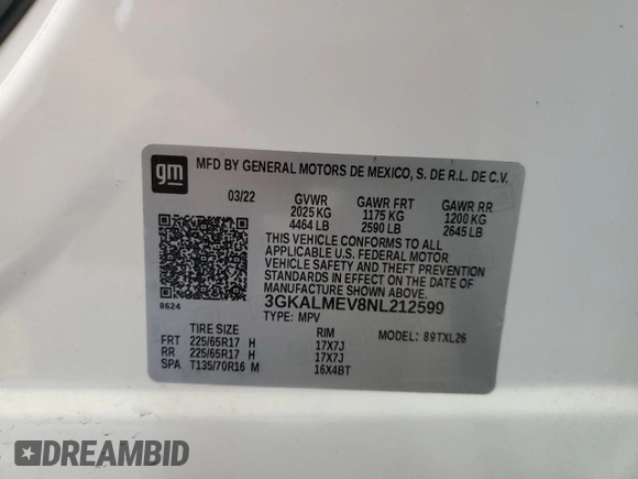 2022 GMC Terrain SLE z VIN 3GKALMEV8NL212599, wystawiony jako Copart lot #56027205 z przebiegiem 47 262 mil mil oraz Szkoda całkowita • Salvage title. Historia ofert i sprzedaży dostępna na DreamBid. Obrazek 14.