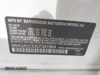 2012 BMW 3 Series 328i with VIN WBA3A5C53CF341664, listed as a IAAI auction lot 41991169 with 168,808 mi miles and . Bid and sale history available at carsss.com. Image 9.