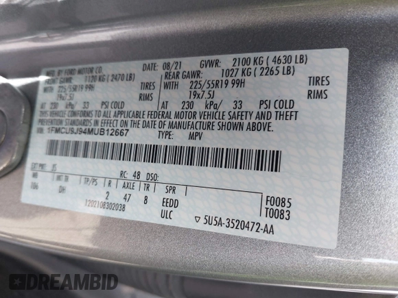 2021 Ford Escape Titanium с VIN 1FMCU9J94MUB12667, выставлен на аукционе IAAI как лот 41967366 с пробегом 37 545 миль миль и . История ставок и продаж доступна на DreamBid. Изображение 9.