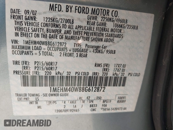 2008 Mercury Sable with VIN 1MEHM40W88G612872, listed as a IAAI auction lot 41549544 with 109,677 mi miles. Bid and sale history available at carsss.com. Image 9.