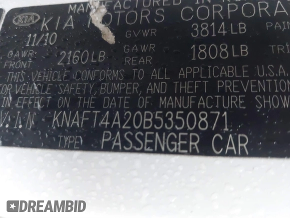 2011 Kia Forte LX with VIN KNAFT4A20B5350871, listed as a IAAI auction lot 41381614 with 170,598 mi miles. Bid and sale history available at carsss.com. Image 9.