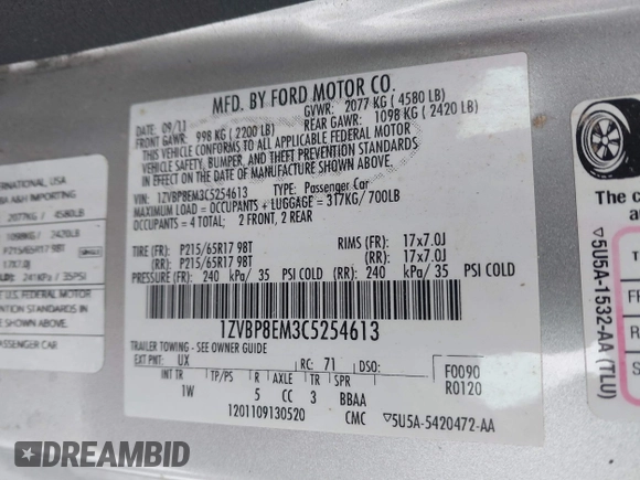 2012 Ford Mustang V6 with VIN 1ZVBP8EM3C5254613, listed as a IAAI auction lot 41387962 with 69,131 mi miles and . Bid and sale history available at DreamBid. Image 9.