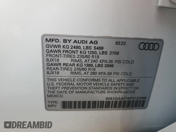 2023 Audi Q5 S line Premium with VIN WA1GAAFY8P2122385, listed as a Copart auction lot 71277064 with 13,629 mi miles and Salvage title. Bid and sale history available at DreamBid. Image 16.