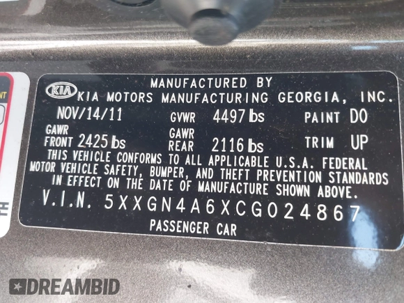 2012 Kia Optima EX with VIN 5XXGN4A6XCG024867, listed as a IAAI auction lot 42079549 with 119,563 mi miles and . Bid and sale history available at carsss.com. Image 9.