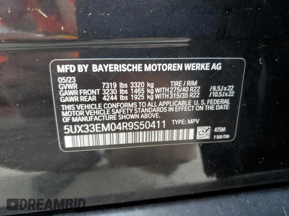 2024 BMW X7 M60i with VIN 5UX33EM04R9S50411, listed as a Copart auction lot 76962074 with 0 mi miles and Salvage Title. Bid and sale history available at carsss.com. Image 14.
