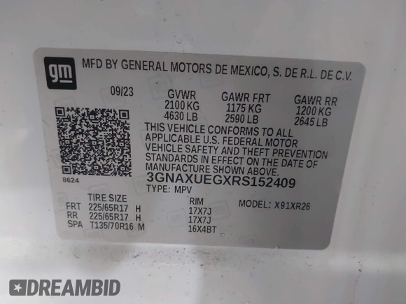 2024 Chevrolet Equinox LT with VIN 3GNAXUEGXRS152409, listed as a IAAI auction lot 41630575 with 4,853 mi miles. Bid and sale history available at carsss.com. Image 9.