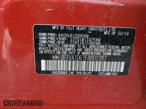 2015 Subaru WRX Premium with VIN JF1VA1D67F8801287, listed as a Copart auction lot 50718185 with 97,731 mi miles and Salvage Title. Bid and sale history available at carsss.com. Image 15.