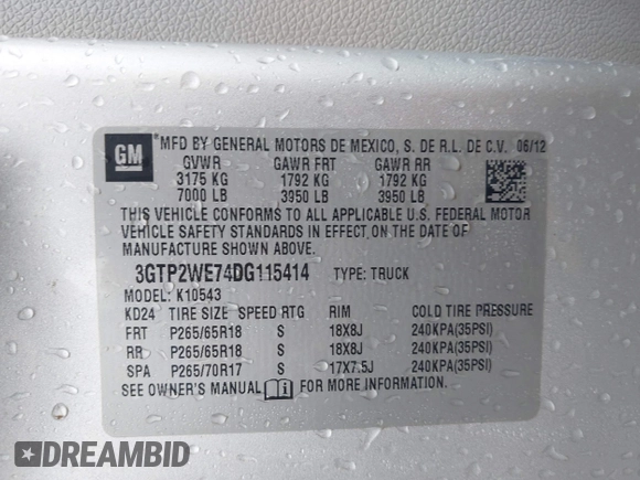 2013 GMC Sierra 1500 SLT with VIN 3GTP2WE74DG115414, listed as a IAAI auction lot 42441966 with 291,605 mi miles and . Bid and sale history available at DreamBid. Image 9.