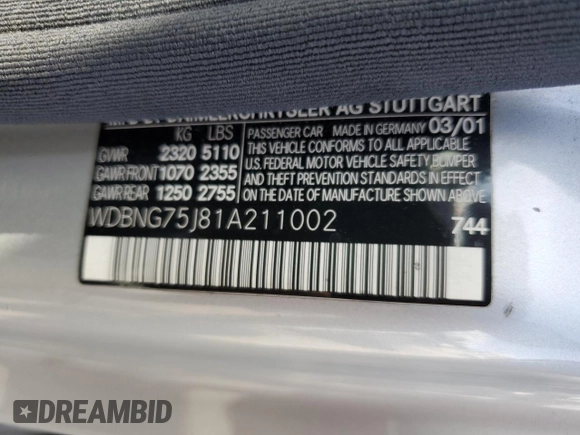 2001 Mercedes-Benz S-Class with VIN WDBNG75J81A211002, listed as a Copart auction lot 51296725 with 148,065 mi miles and Salvage Title. Bid and sale history available at carsss.com. Image 14.