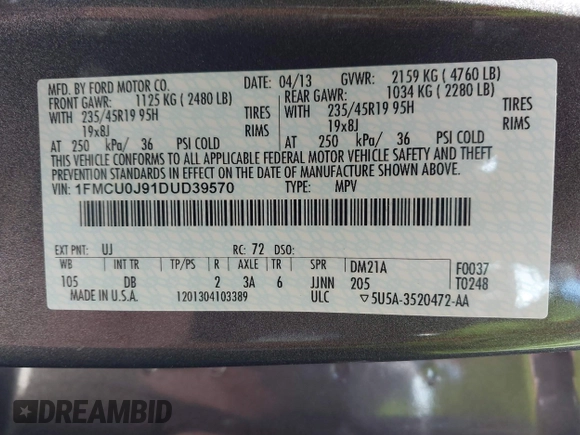 2013 Ford Escape Titanium with VIN 1FMCU0J91DUD39570, listed as a IAAI auction lot 42014892 with 55,184 mi miles and . Bid and sale history available at DreamBid. Image 9.
