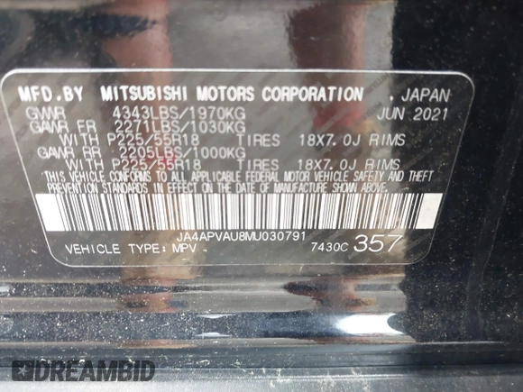 2021 Mitsubishi Outlander SE with VIN JA4APVAU8MU030791, listed as a IAAI auction lot 42279562 with 43,728 mi miles and . Bid and sale history available at DreamBid. Image 9.
