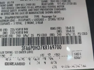 2019 Ford Fusion SE with VIN 3FA6P0HD7KR169700, listed as a IAAI auction lot 42064494 with 56,463 mi miles and . Bid and sale history available at DreamBid. Image 9.