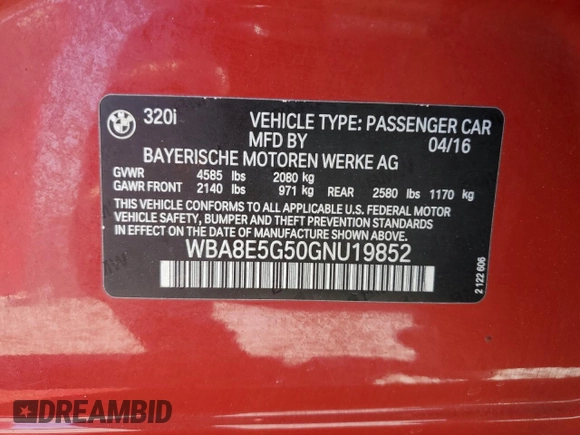 2016 BMW 3 Series 320i xDrive with VIN WBA8E5G50GNU19852, listed as a Copart auction lot 46094465 with 152,302 mi miles and Salvage Title. Bid and sale history available at carsss.com. Image 12.
