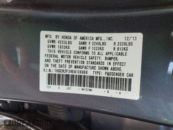2014 Honda Accord LX z VIN 1HGCR2F34EA106969, wystawiony jako IAAI lot #42374531 z przebiegiem 115 255 mil mil oraz . Historia ofert i sprzedaży dostępna na DreamBid. Obrazek 9.