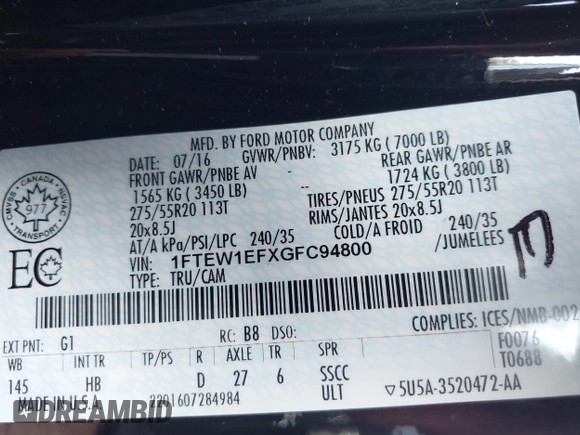2016 Ford F-150 XLT with VIN 1FTEW1EFXGFC94800, listed as a IAAI auction lot 41694319 with Not provided miles and . Bid and sale history available at DreamBid. Image 9.