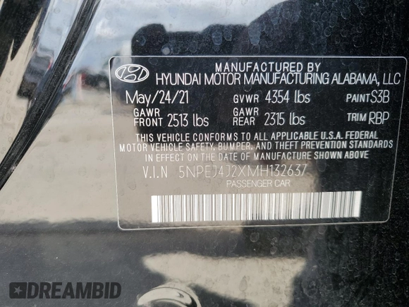 2021 Hyundai Sonata SEL Plus with VIN 5NPEJ4J2XMH132637, listed as a Copart auction lot 50629605 with 49,659 mi miles and Salvage Title. Bid and sale history available at DreamBid. Image 13.