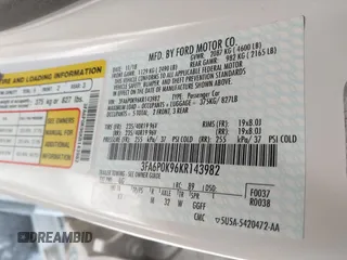 2019 Ford Fusion Titanium with VIN 3FA6P0K96KR143982, listed as a IAAI auction lot 41398187 with 49,606 mi miles. Bid and sale history available at carsss.com. Image 9.
