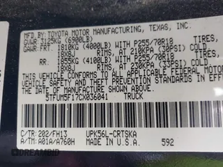 2012 Toyota Tundra с VIN 5TFUM5F17CX036041, выставлен на аукционе IAAI как лот 41782453 с пробегом 183 839 миль миль и . История ставок и продаж доступна на DreamBid. Изображение 9.