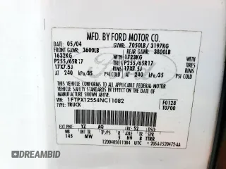 2004 Ford F-150 XL with VIN 1FTPX12554NC11082, listed as a Copart auction lot 56373895 with 191,499 mi miles and Salvage title. Bid and sale history available at DreamBid. Image 12.