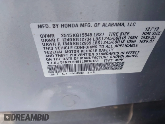 2020 Honda Pilot EX-L z VIN 5FNYF5H51LB016163, wystawiony jako IAAI lot #42030430 z przebiegiem 65 383 mil mil oraz . Historia ofert i sprzedaży dostępna na DreamBid. Obrazek 9.