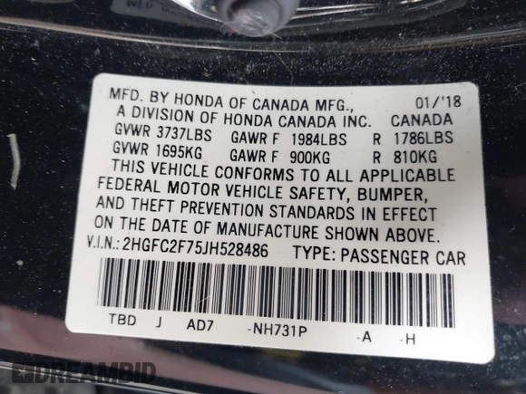 2018 Honda Civic EX with VIN 2HGFC2F75JH528486, listed as a IAAI auction lot 41869983 with 95,614 mi miles and . Bid and sale history available at DreamBid. Image 9.