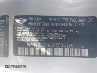 2002 MINI Hardtop with VIN WMWRC33462TC34269, listed as a IAAI auction lot 42265191 with Not Provided miles and . Bid and sale history available at DreamBid. Image 9.
