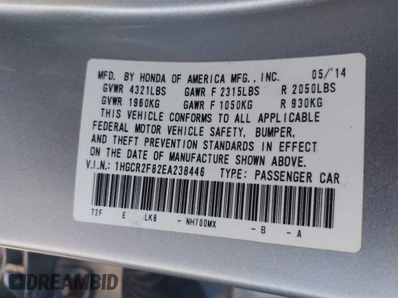 2014 Honda Accord EX-L with VIN 1HGCR2F82EA238446, listed as a IAAI auction lot 41861972 with 75,863 mi miles and . Bid and sale history available at carsss.com. Image 9.