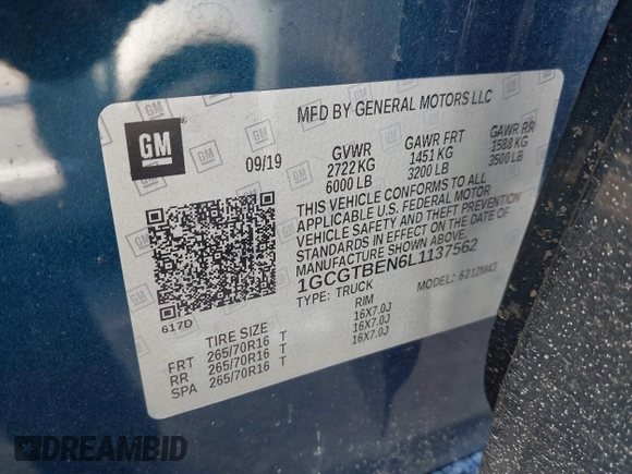 2020 Chevrolet Colorado 4WD Work Truck with VIN 1GCGTBEN6L1137562, listed as a IAAI auction lot 41377439 with 43,124 mi miles and . Bid and sale history available at DreamBid. Image 9.