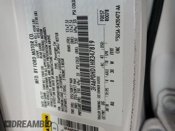2017 Ford Fusion SE with VIN 3FA6P0HD1HR347819, listed as a Copart auction lot 59033275 with 100,671 mi miles and Clean title. Bid and sale history available at DreamBid. Image 12.