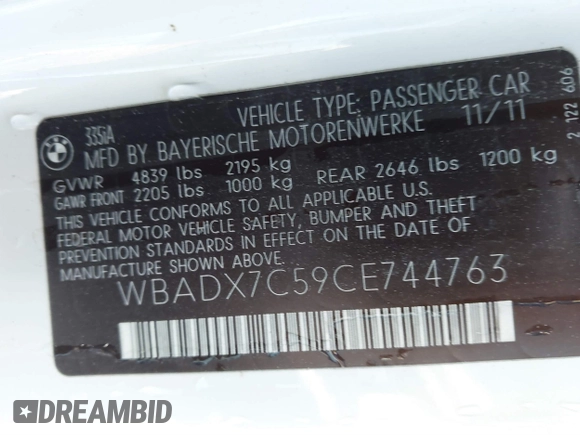 2012 BMW 3 Series 335i with VIN WBADX7C59CE744763, listed as a IAAI auction lot 41632243 with 60,048 mi miles and . Bid and sale history available at DreamBid. Image 9.