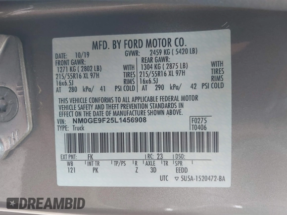 2020 Ford Transit Connect XLT with VIN NM0GE9F25L1456908, listed as a IAAI auction lot 42136585 with 55,163 mi miles and . Bid and sale history available at DreamBid. Image 9.