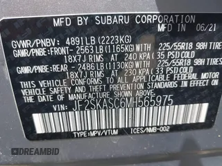 2021 Subaru Forester Limited with VIN JF2SKASC6MH565975, listed as a IAAI auction lot 42457391 with 47,318 mi miles and . Bid and sale history available at DreamBid. Image 9.