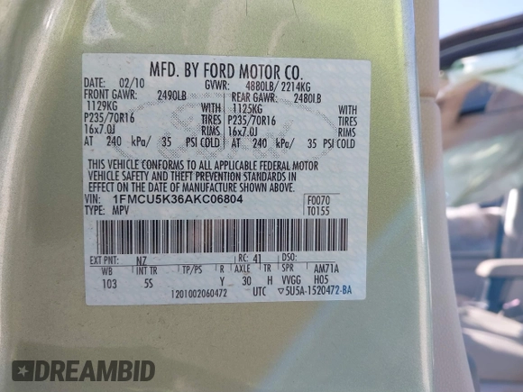 2010 Ford Escape Hybrid z VIN 1FMCU5K36AKC06804, wystawiony jako IAAI lot #38514316 z przebiegiem Nie podano mil oraz . Historia ofert i sprzedaży dostępna na DreamBid. Obrazek 9.