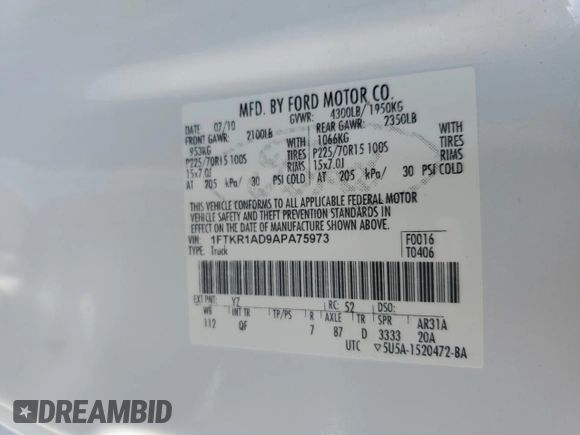 2010 Ford Ranger XL with VIN 1FTKR1AD9APA75973, listed as a Copart auction lot 56220795 with 98,648 mi miles and Salvage title. Bid and sale history available at DreamBid. Image 12.