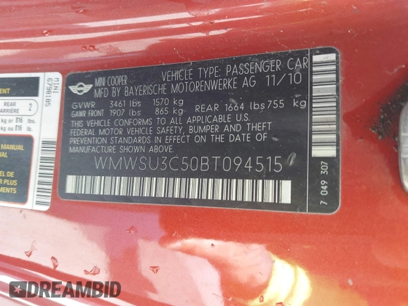 2011 MINI Hardtop with VIN WMWSU3C50BT094515, listed as a IAAI auction lot 42500608 with 154,534 mi miles and . Bid and sale history available at DreamBid. Image 9.