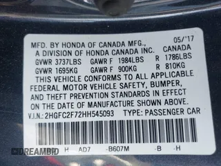 2017 Honda Civic Sedan EX with VIN 2HGFC2F72HH545093, listed as a IAAI auction lot 42051229 with 1 mi miles. Bid and sale history available at carsss.com. Image 9.