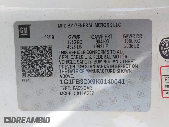 2019 Chevrolet Camaro 1LT with VIN 1G1FB3DX9K0140041, listed as a IAAI auction lot 42799146 with 140,681 mi miles and . Bid and sale history available at DreamBid. Image 9.