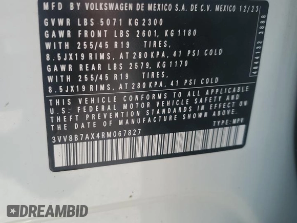 2024 Volkswagen Tiguan SE R-Line Black with VIN 3VV8B7AX4RM067827, listed as a Copart auction lot 62585995 with 6,166 mi miles and Salvage title. Bid and sale history available at DreamBid. Image 14.