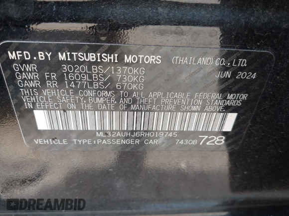 2024 Mitsubishi Mirage ES with VIN ML32AUHJ6RH019745, listed as a IAAI auction lot 42691194 with 1,823 mi miles and . Bid and sale history available at DreamBid. Image 9.