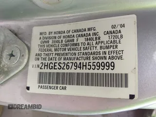 2004 Honda Civic EX with VIN 2HGES26794H559999, listed as a IAAI auction lot 42097812 with 289,596 mi miles and . Bid and sale history available at DreamBid. Image 9.