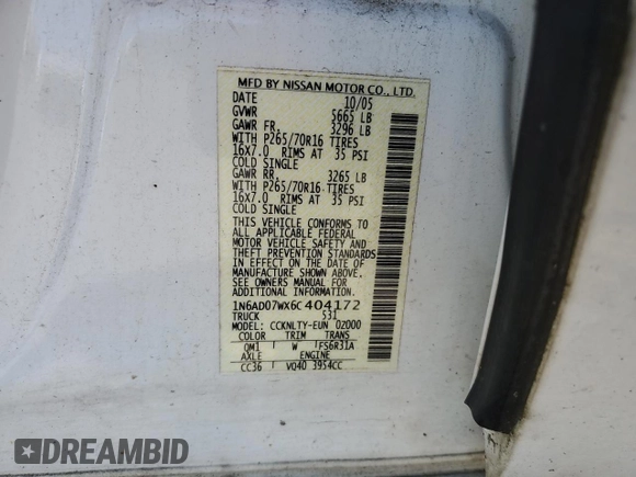 2006 Nissan Frontier SE with VIN 1N6AD07WX6C404172, listed as a Copart auction lot 59150505 with 134,363 mi miles and Clean title. Bid and sale history available at DreamBid. Image 12.