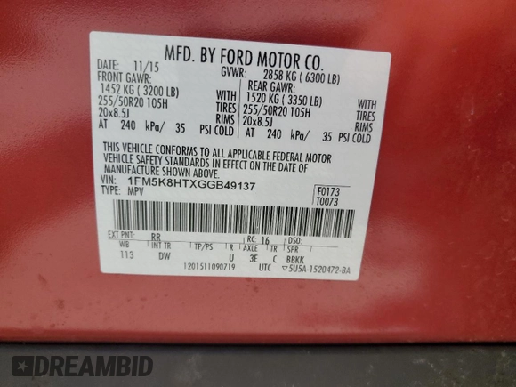 2016 Ford Explorer Platinum with VIN 1FM5K8HTXGGB49137, listed as a Copart auction lot 60952975 with 95,555 mi miles and Salvage title. Bid and sale history available at DreamBid. Image 13.