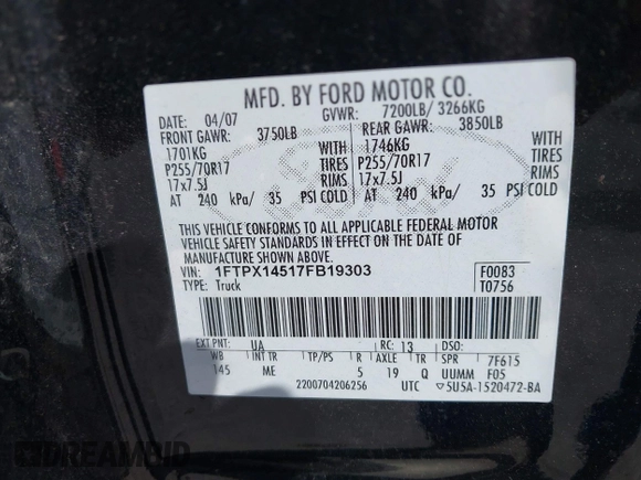 2007 Ford F-150 XLT с VIN 1FTPX14517FB19303, выставлен на аукционе IAAI как лот 42676971 с пробегом 246 050 миль миль и . История ставок и продаж доступна на DreamBid. Изображение 9.